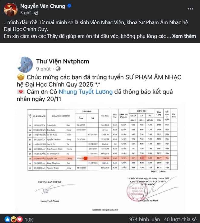   Nhạc sĩ Nguyễn Văn Chung “khoe” kết quả đỗ Nhạc viện TP.HCM   