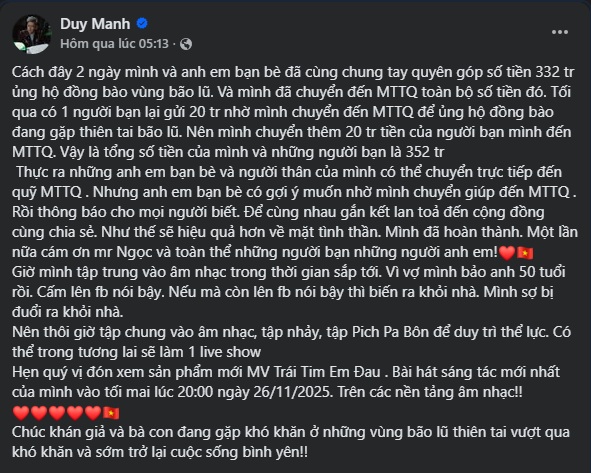 Bài chia sẻ trên trang cá nhân của ca sĩ Duy Mạnh. Ảnh chụp màn hình