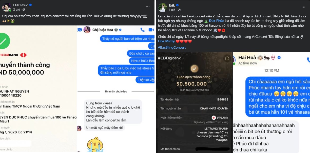   Dòng trạng thái chia sẻ trên trang cá nhân của 2 ca sĩ Đức Phúc và Erik. Ảnh chụp màn hình  