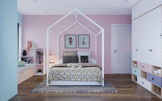   Mẫu phòng ngủ đẹp cho bé gái với gam màu hồng dễ thương, các nội thất được bố trí gọn gàng với các màu sắc hài hòa trông rất trẻ trung. Những bức tranh, thảm trải sàn họa tiết, cây xanh mang đến sự sinh động cho phòng của bé.  