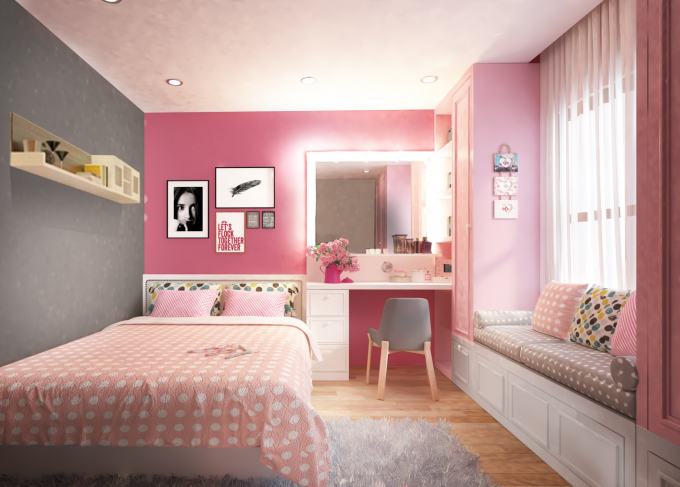   Màu hồng được ví như màu sắc “thương hiệu riêng” cho các bé gái. Sự ngọt ngào, nhẹ nhàng của màu hồng giúp phòng ngủ con gái trở nên dễ thương hơn rất nhiều. Nếu bạn chưa biết kết hợp màu sắc như thế nào trong phòng ngủ của bé gái thì màu hồng với trắng là một trong những lựa chọn hoàn hảo.  