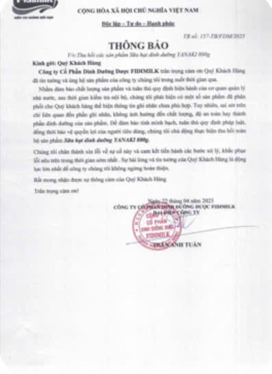 Thông báo thu hồi sản phẩm được Fidimilk.