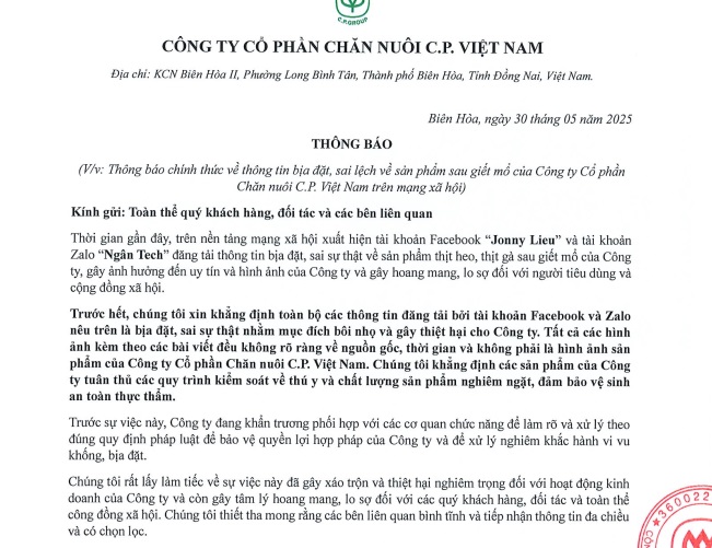 Thông tin chính thức từ công ty C.P. Việt Nam.
