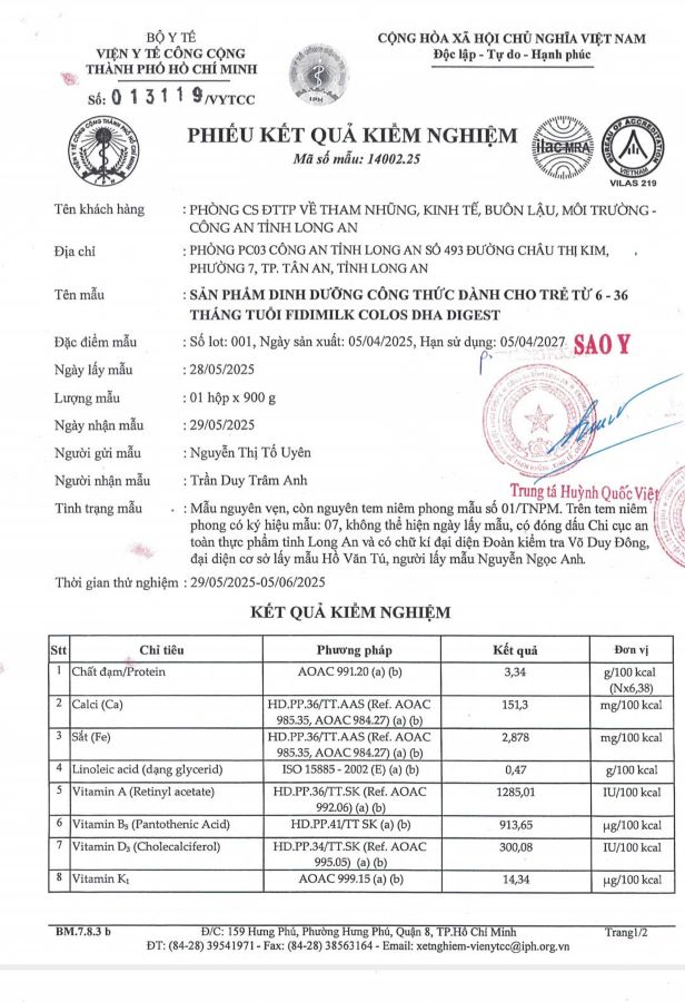 Phiếu kết quả xét nghiệm sản phẩm Fidimilk.