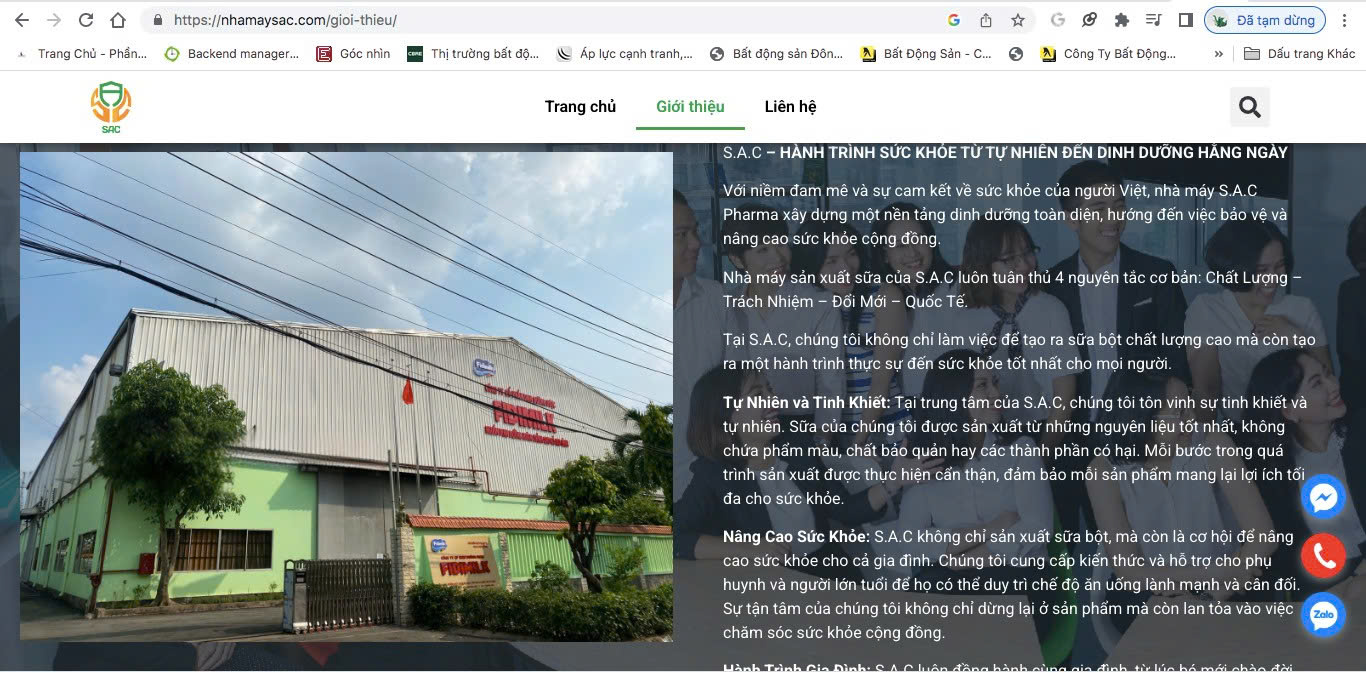 Trên trang thông tin giới thiệu nhà máy S.A.C Pharma cũng cập nhật hình ảnh công ty Fidimilk. (Ảnh chụp màn hình)