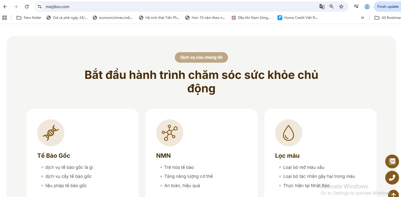 Meijibio VietNam quảng cáo cung cấp nhiều dịch vụ tế bào gốc, trẻ hoá NMN, NAD+, lọc máu.