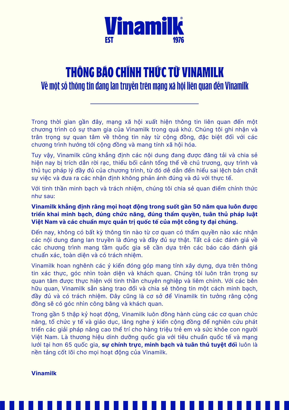 Thông tin phản hồi từ phía Vinamilk.