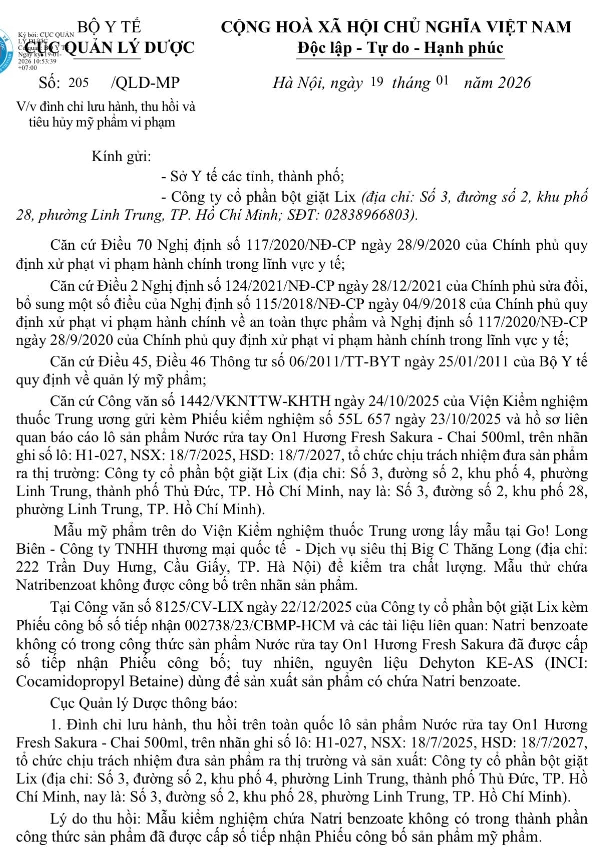 Lý do Cục Quản lý Dược thu hồi lô nước rửa tay On1 do LIX sản xuất?