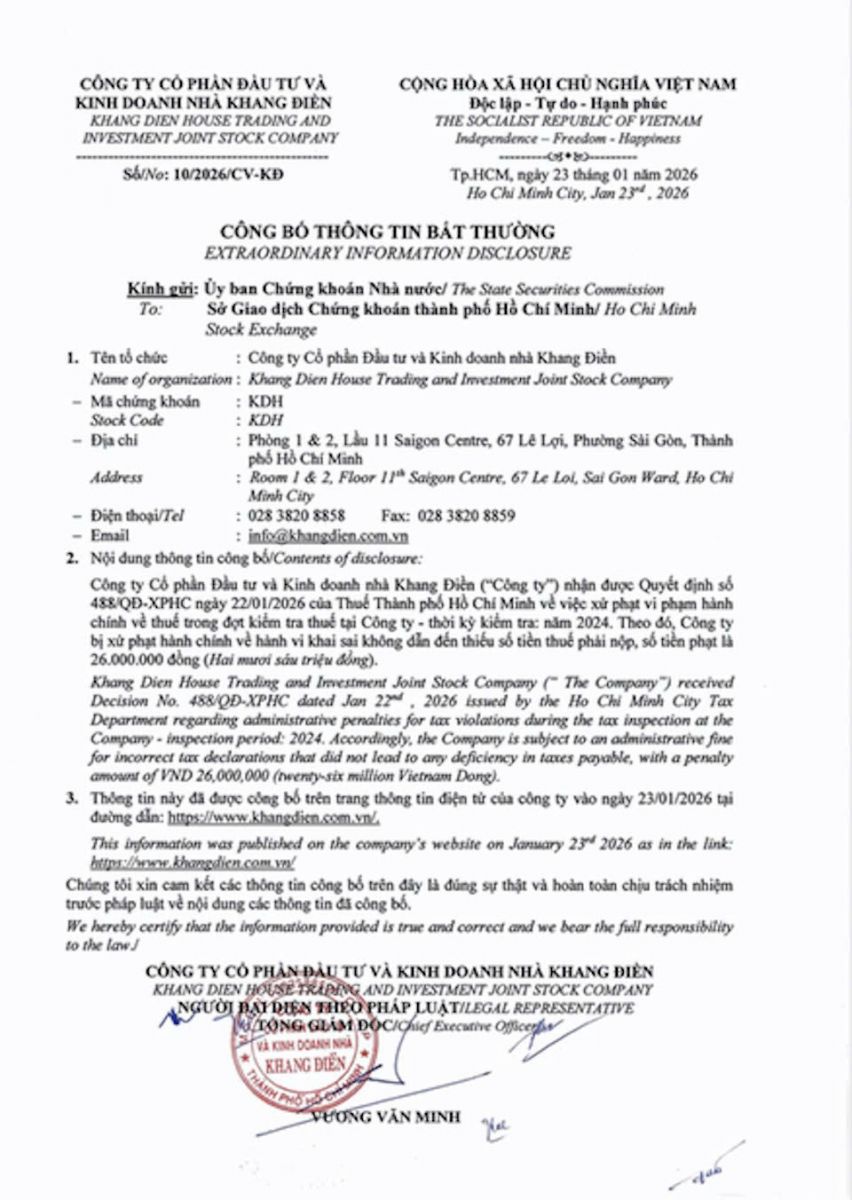 Nhà Khang Điền bị xử phạt.