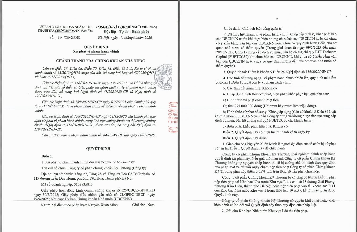 Quyết định xử phạt Công ty Cổ phần Chứng khoán Kỹ Thương.