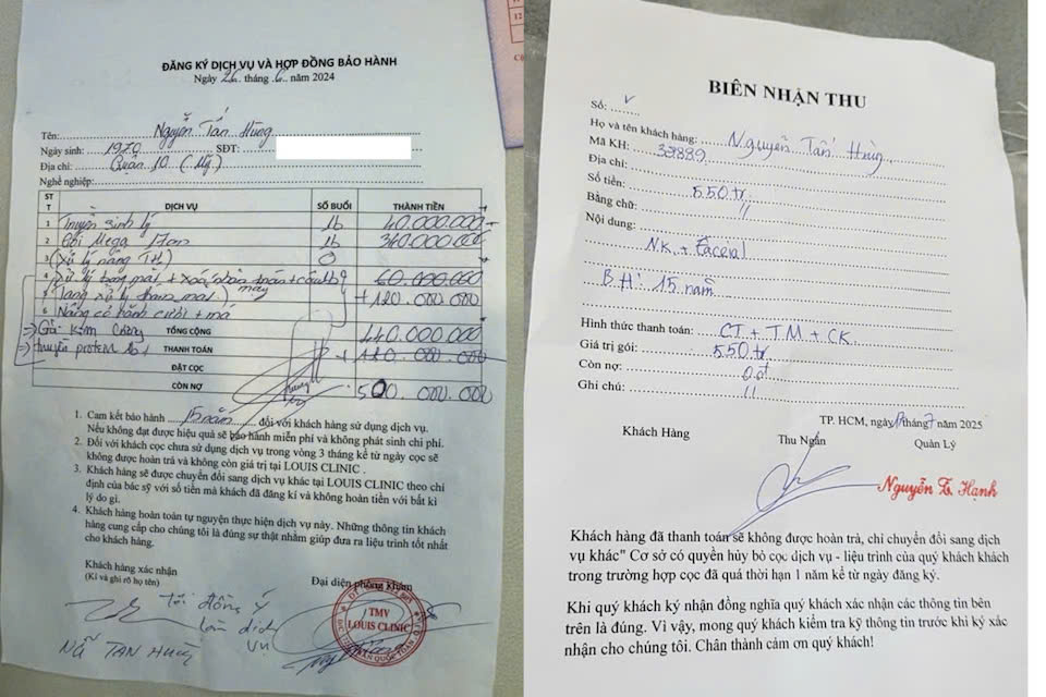 Thông tin đóng tiền và bảo hành của gói dịch vụ hơn 500 triệu đồng do ông Nguyễn Tấn Hùng cung cấp.