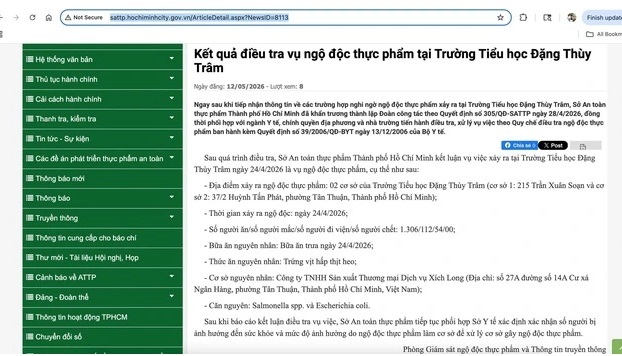 Thông tin được đăng tải trên website Sở An toàn thực phẩm TP.HCM chiều 12/5.