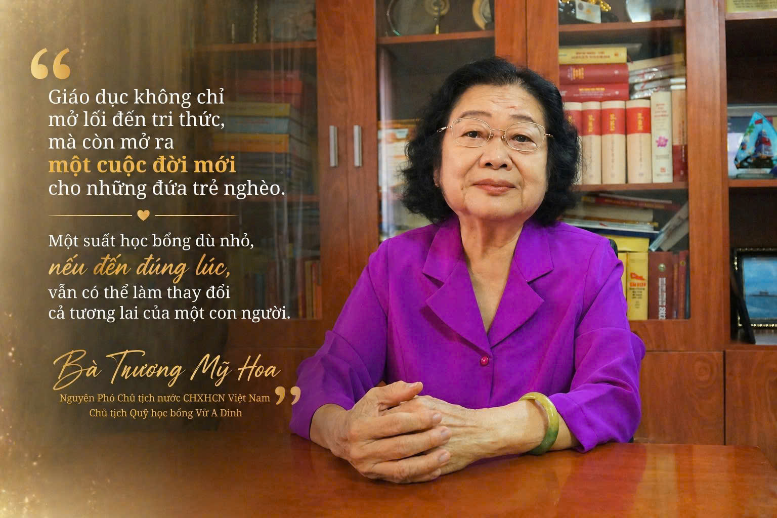 Bà Trương Mỹ Hoa hiện là Chủ tịch Quỹ học bổng Vừ A Dính và Chủ nhiệm Câu lạc bộ