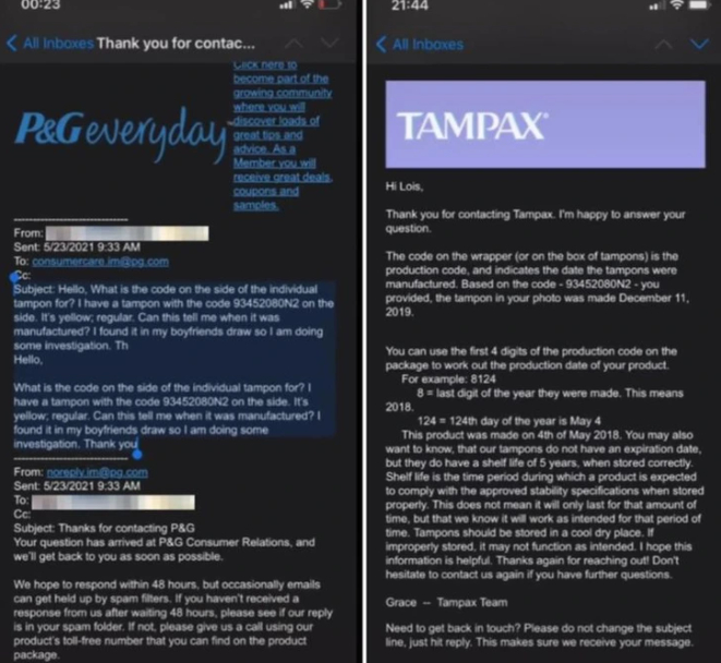 Lois chụp màn hình cuộc hội thoại qua email của cô với thương hiệu tampon có tên Tampax