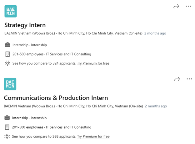 Các bài đăng tuyển dụng trên LinkedIn của BAEMIN tháng 7/2023 thu hút từ 300 đơn ứng tuyển trở lên, cho thấy dấu hiệu tích cực đối với nhà tuyển dụng khi nhân sự có tính cạnh tranh cao trở nên dồi dào (Nguồn: LinkedIn BAEMIN Vietnam).
