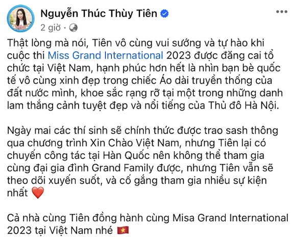 Thùy Tiên giải thích việc cô không thể tham gia một số hoạt động của Miss Grand International 2023