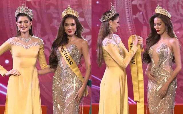 Trong khoảnh khắc được đương kim Hoa hậu Isabella Menin trao sash, Lê Hoàng Phương thể hiện được sức hút riêng và không bị lép vế dù đứng cạnh Hoa hậu đẹp nhất thế giới năm 2022