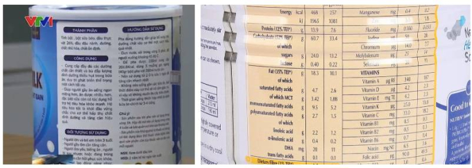 Ảnh bên trái: Bảng thành phần sữa Yarmy sơ sài. Ảnh bên phải: Bảng thành phần của một loại sữa trên thị trường, ghi đầy đủ từng loại vitamin, khoáng chất và hàm lượng của từng thành phần.