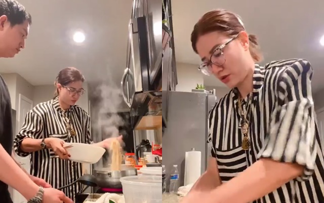 Trang Trần thể hiện sự tháo vát trong bếp, ông xã dù hay trêu ghẹo nhưng luôn hỗ trợ cô