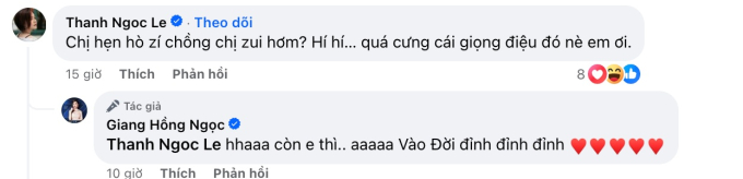 Thanh Ngọc vào Facebook của Giang Hồng Ngọc để lại bình luận khá thoải mái