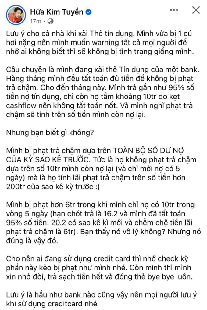 Bài đăng của Hứa Kim Tuyền trên Facebook cá nhân