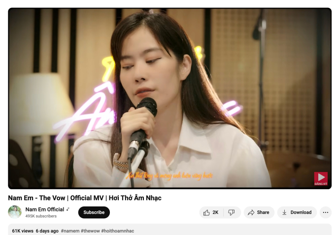 Sau gần 1 tuần ra mắt, MV mới của Nam Em chỉ mới đạy hơn 61k lượt xem