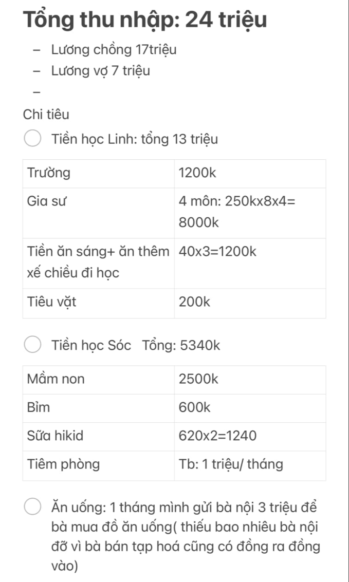 Bảng chi phí tiền học cho con của vợ chồng công nhân lớn tuổi gây 