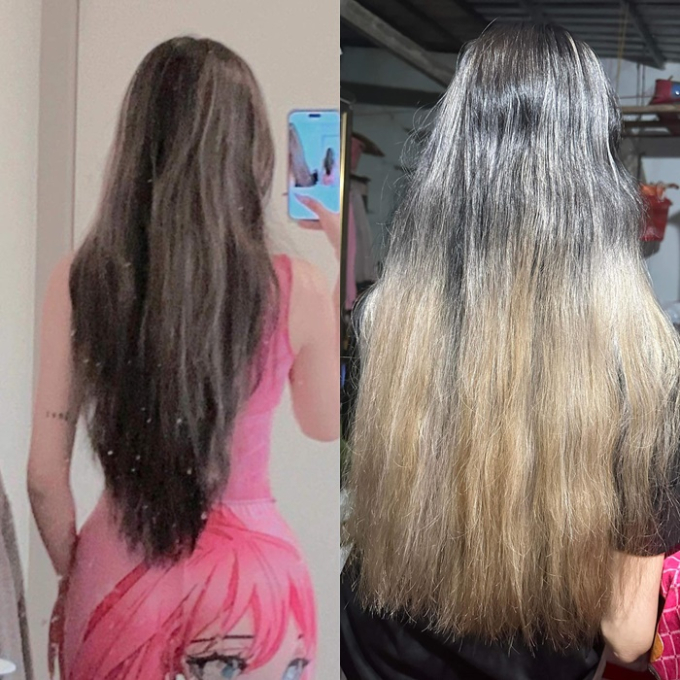Mái tóc của H trước và sau khi tẩy tóc.