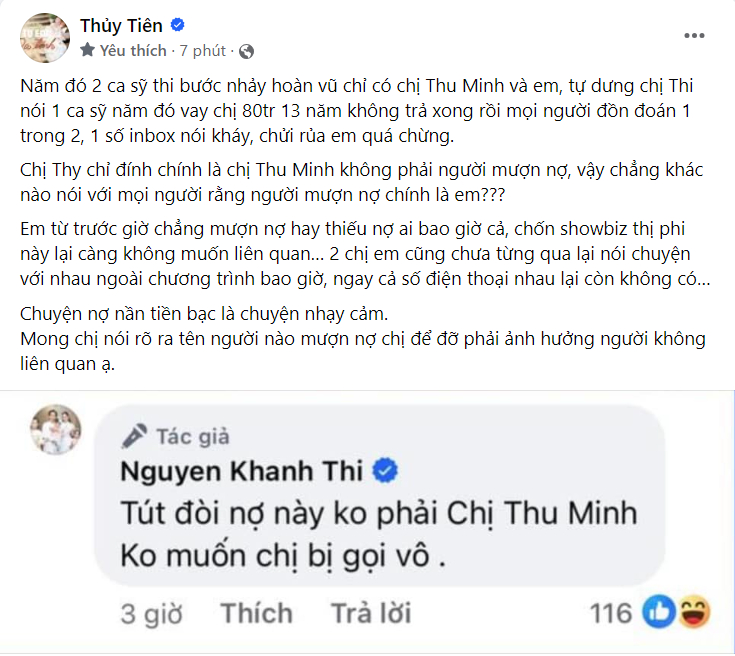 Nội dung bài đăng đính chính thông tin trên trang cá nhân của Thủy Tiên