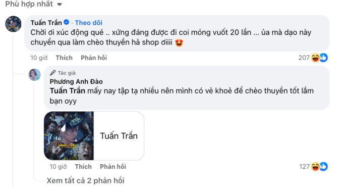 Tuấn Trần và Phương Anh Đào bình luận qua lại vui vẻ trên mạng xã hội