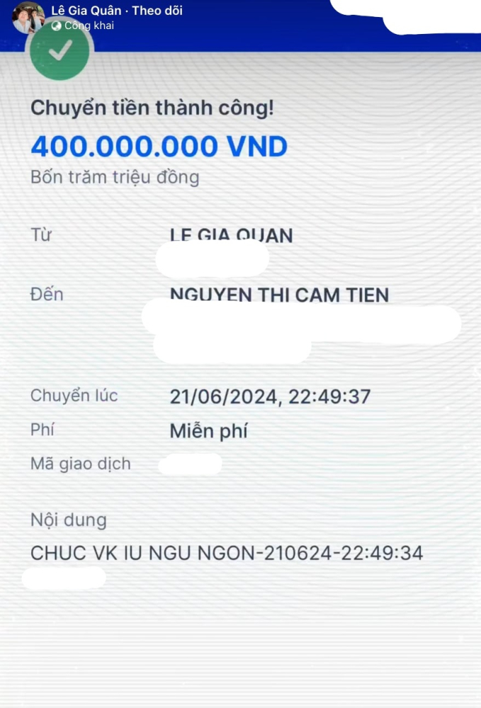 Lê Gia Quân chuyển khoản cho Hana Cẩm Tiên 400 triệu để 