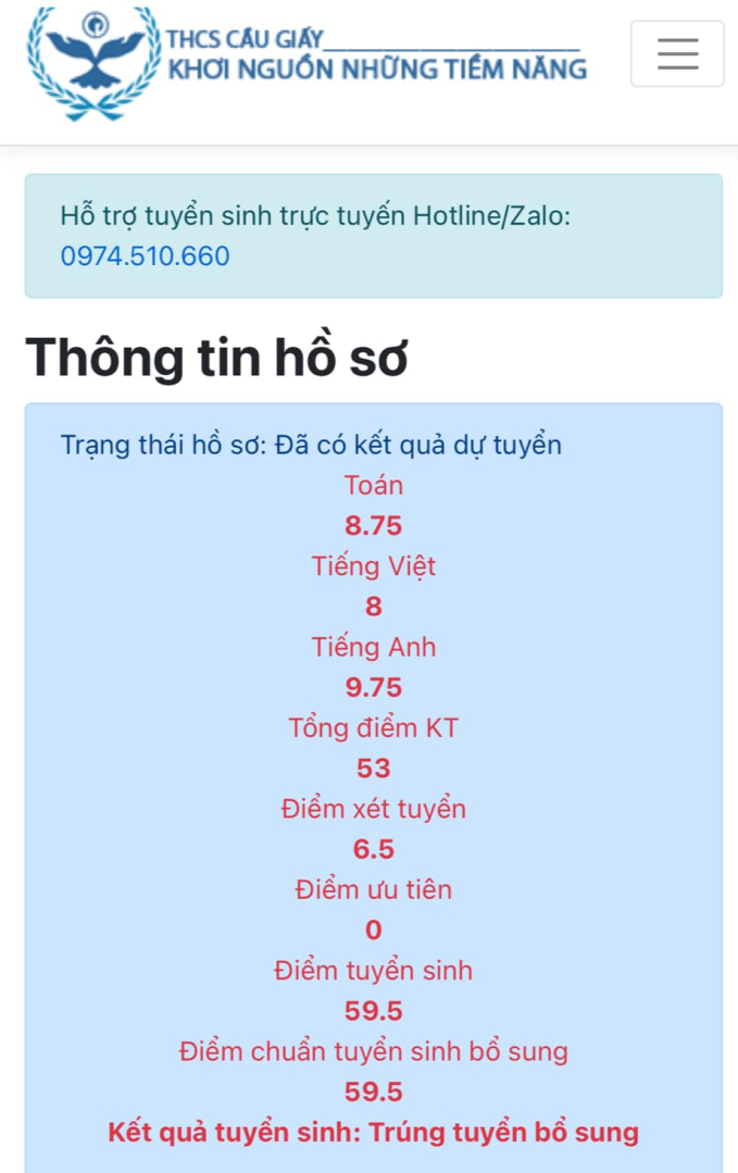 Con chị Anh đỗ THCS Cầu Giấy sau khi hạ 0,5 điểm chuẩn (59,5 điểm).