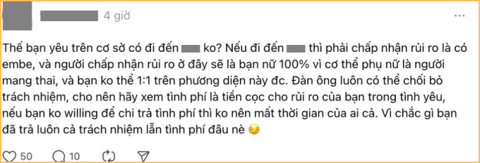 Vì con gái có khả năng mang thai (ngoài ý muốn) nên bạn trai phải chi hết tiền tình phí, coi như khoản đặt cọc cho tình huống không ai mong muốn???