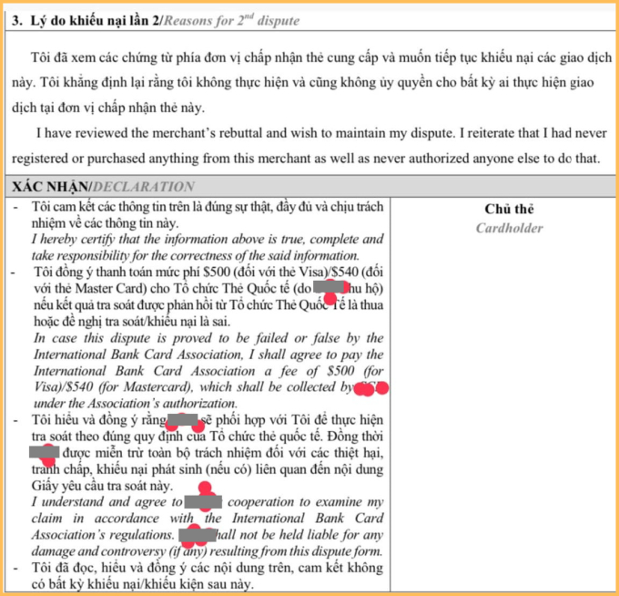 Hình ảnh thông báo khoản phí tra soát 540 USD mà chủ thẻ đính kèm trong bài đăng