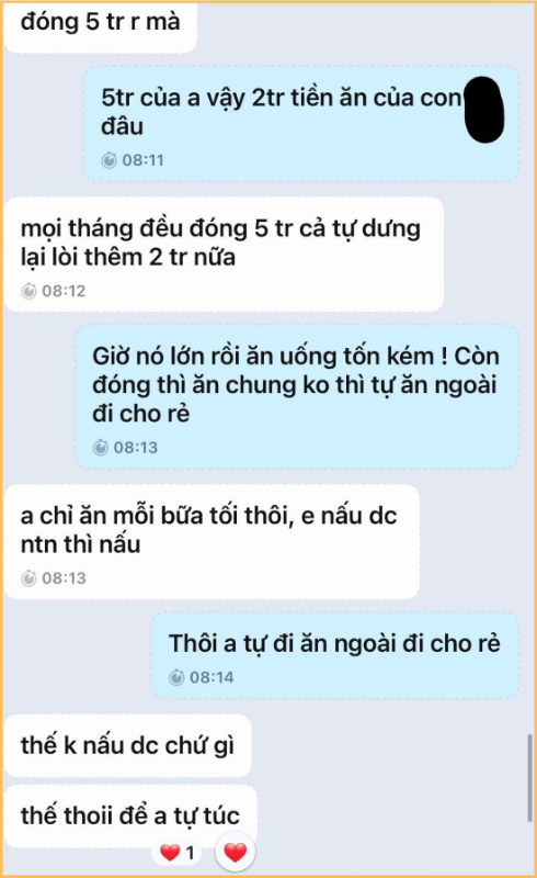 Người con đầu là con riêng của chị vợ, chị không yêu cầu chồng đóng góp tiền nuôi con riêng. Nhưng 2 người lớn, 1 trẻ con, sống ở Hà Nội mà tiền ăn giới hạn trong 5 triệu vẫn là điều không tưởng!