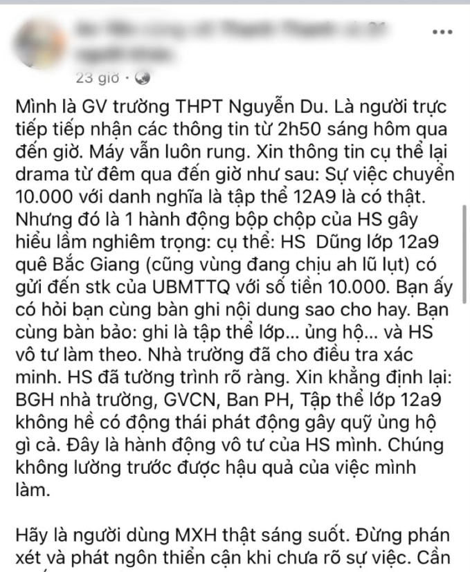 Bài đăng giải thích của một giáo viên trường THPT NGuyễn Du, Bắc Ninh