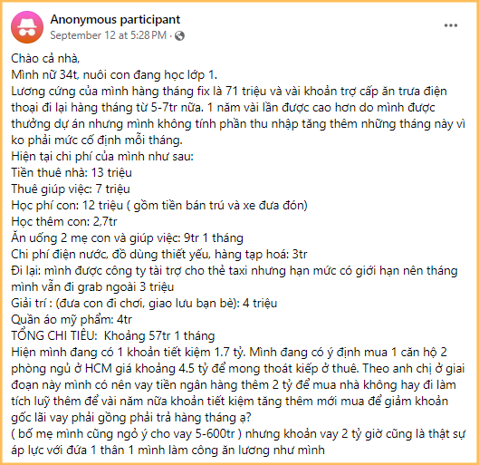 Nguyên văn chia sẻ của mẹ đơn thân về việc mua nhà, cũng như các khoản chi và tổng số tiền chi tiêu hàng tháng của 2 mẹ con