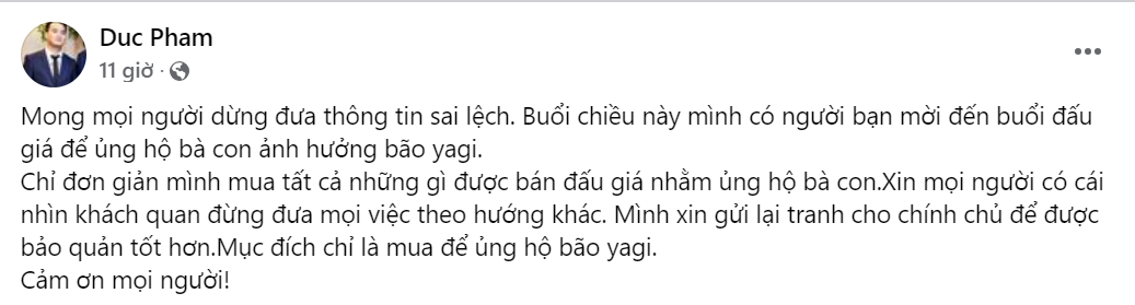 Anh đính chính, lý do mua tranh của vợ cũ chỉ là vì mục đích từ thiện