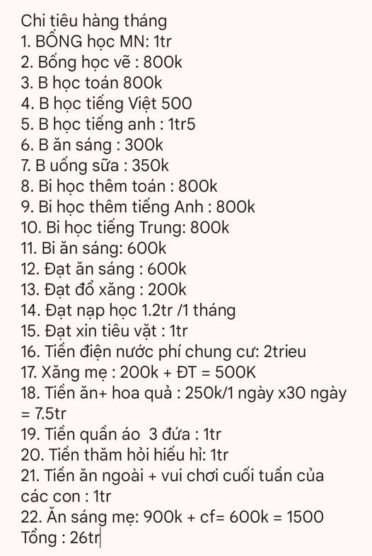 Các khoản chi cố định của gia đình trong 1 tháng, tổng cộng hết 26 triệu. 9 triệu còn lại chi vào việc gì, chính bà mẹ này cũng không rõ