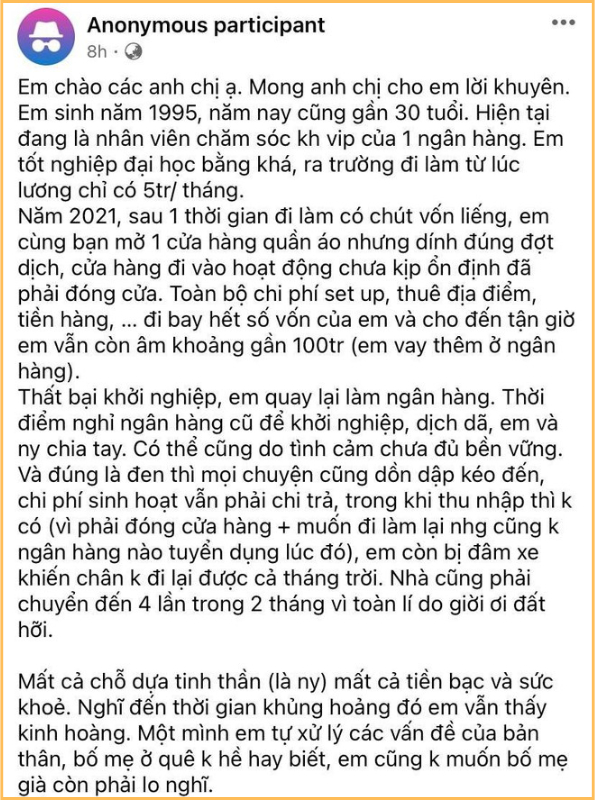 Vét sạch vốn liếng, vay tiền ngân hàng để bắt đầu kinh doanh vào năm 2021 - đúng thời điểm dịch bệnh Covid-19 đang diễn biến căng thẳng, kết cục là phải ôm cục nợ 100 triệu đến tận năm 2024, mà vẫn phải đi làm văn phòng