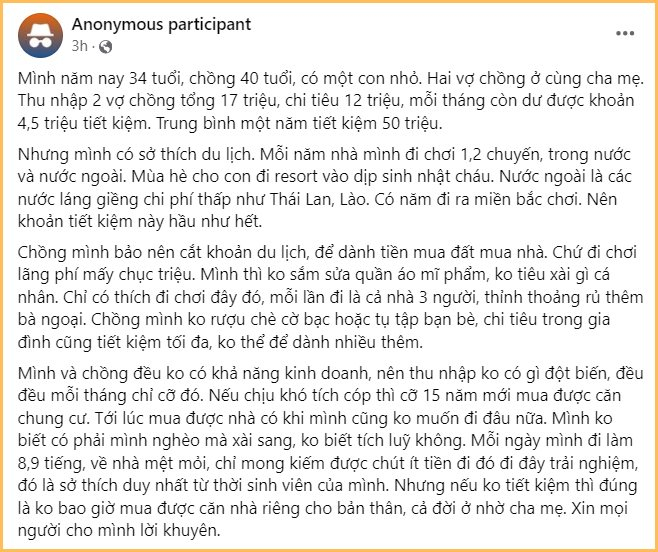 Thu nhập 17 triệu, một năm tiết kiệm được khoảng 50 triệu nhưng đều dùng để đi du lịch hết, nên cuối cùng thành ra không dư đồng nào