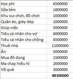   Các chi phí hàng tháng của gia đình Thùy Linh, Minh Tiến  