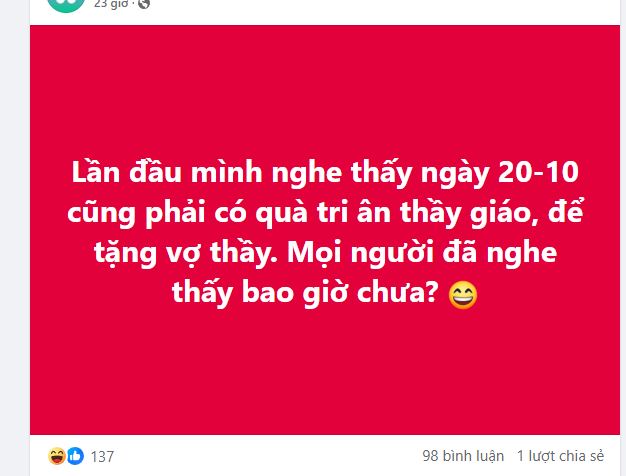 Phụ huynh tranh cãi gay gắt về chuyện tặng quà 20/10 cho thầy giáo