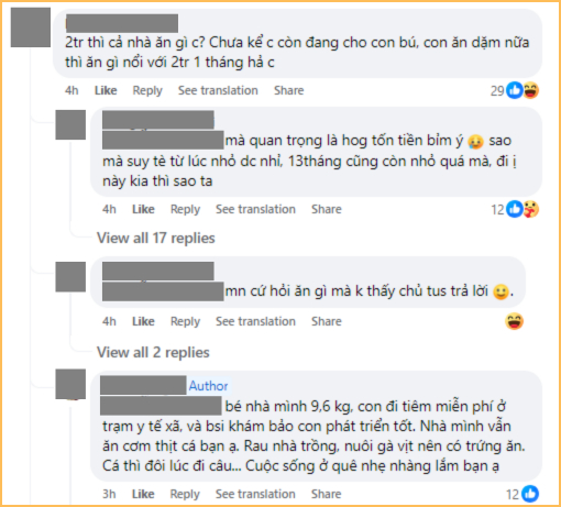 Với những comment thắc mắc về việc “2 triệu sao đủ ăn cho 2 người lớn, 1 trẻ con”, bà mẹ này cho biết: “rau nhà trồng, nuôi gà vịt nên có trứng ăn, cá thì đôi lúc đi câu… Cuộc sống ở quê nhẹ nhàng lắm bạn ạ”