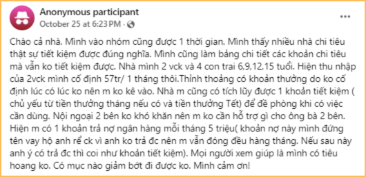 Trong bài đăng của mình, bà mẹ 4 con này cho biết 5 triệu trả nợ ngân hàng mỗi tháng thực chất là trả hộ