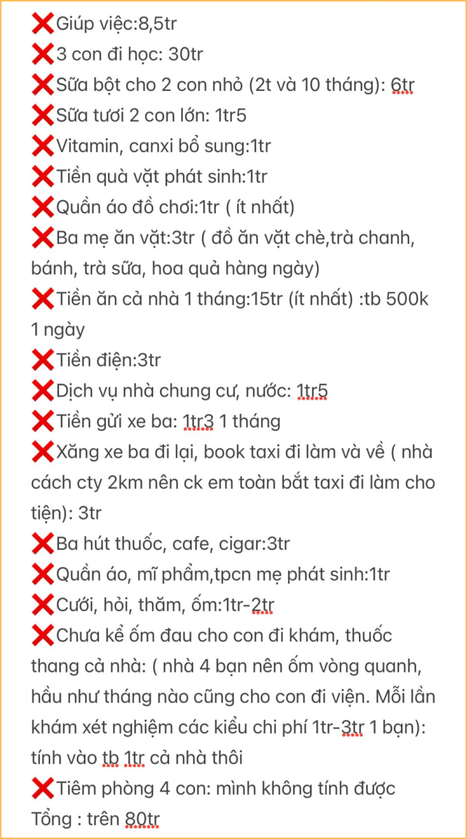 Cô vợ cũng cho biết bản thân không có thói quen ghi chép lại chi tiêu. Các khoản chi được liệt kê trong ảnh cũng là áng chừng, thực tế có thể còn nhiều khoản khác và con số tổng chi cao hơn 80 triệu