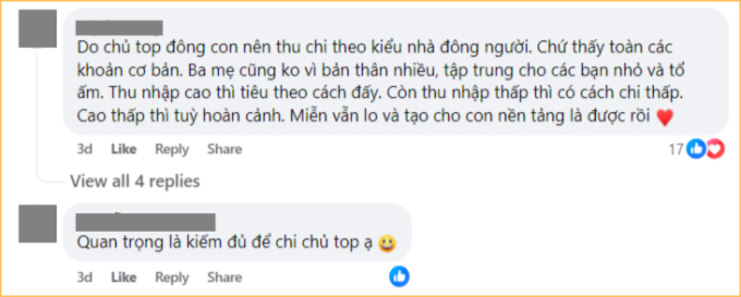 “Thấy toàn các khoản cơ bản, ba mẹ cũng không vì bản thân nhiều, tập trung cho các bạn nhỏ”