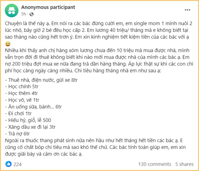 Mẹ đơn thân không tiết kiệm được đồng nào dù thu nhập 40 triệu/tháng, nhưng nhìn bảng chi tiêu này, có lẽ chẳng ai dám trách việc cô không thể tiết kiệm tiền