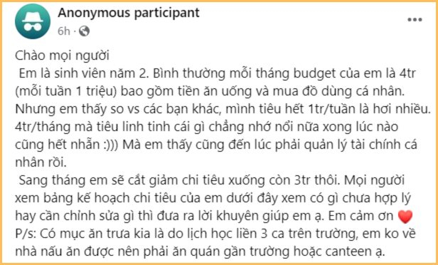                        Kế hoạch chi tiêu đâu ra đấy của cô sinh viên năm 2 với mức ngân sách 3 triệu đồng/tháng (không bao gồm tiền thuê nhà)