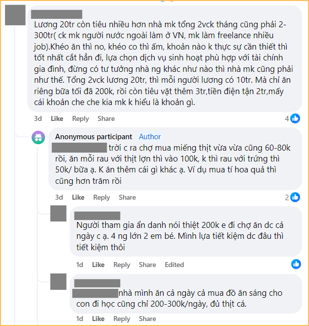 Có người cho rằng khoản tiền ăn tối 200k/bữa/4 người là khá cao, bằng tiền ăn cả ngày, nên cắt giảm bớt; nhưng cô vợ lại cho rằng việc đó không khả thi vì “mua miếng thịt vừa vừa cũng 60-80k, thêm tí hoa quả thì cũng hơn trăm rồi”